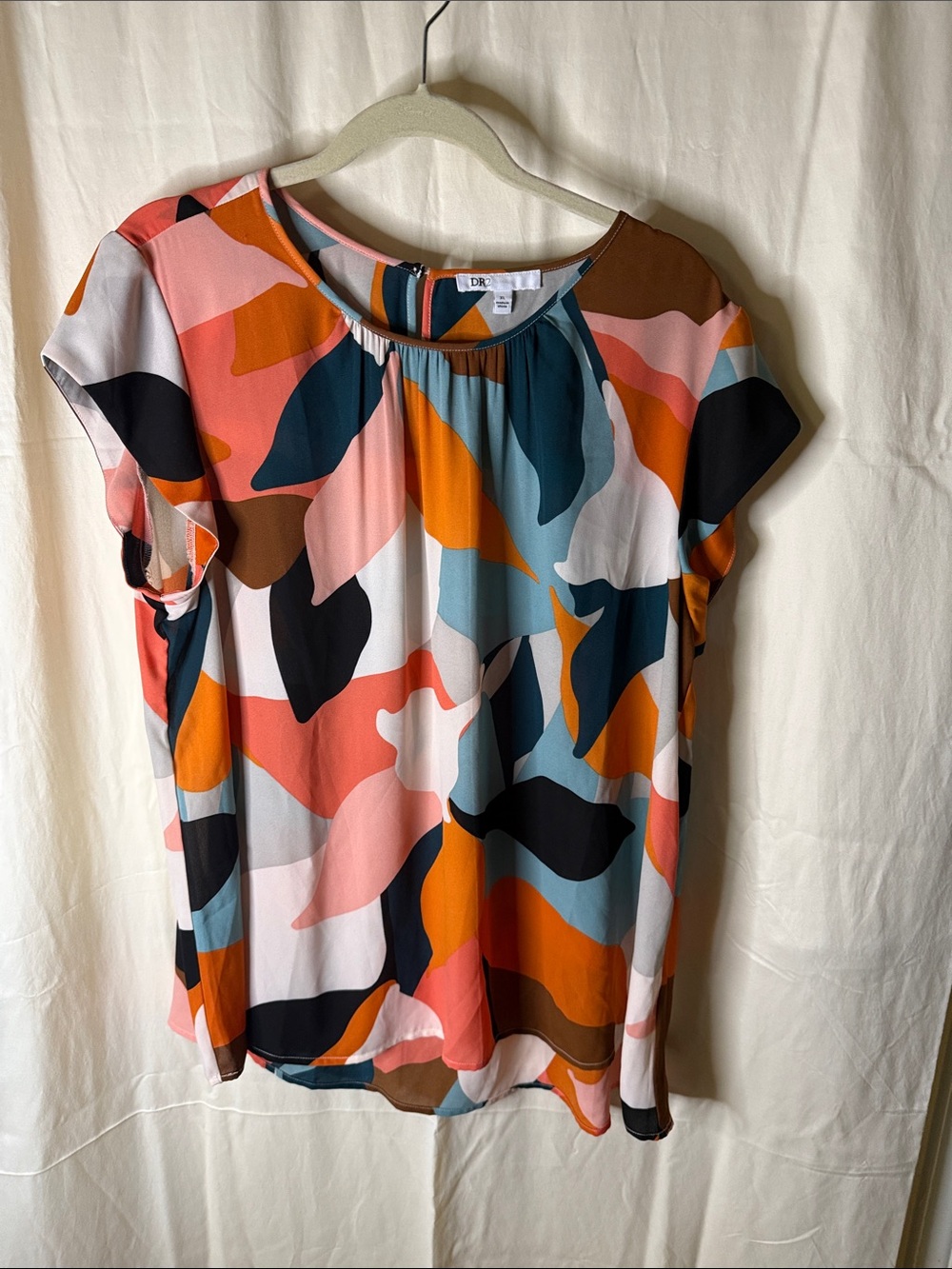 DR2 Coral, Teal & Black Abstract Leaf Print Short Sleeve Blouse